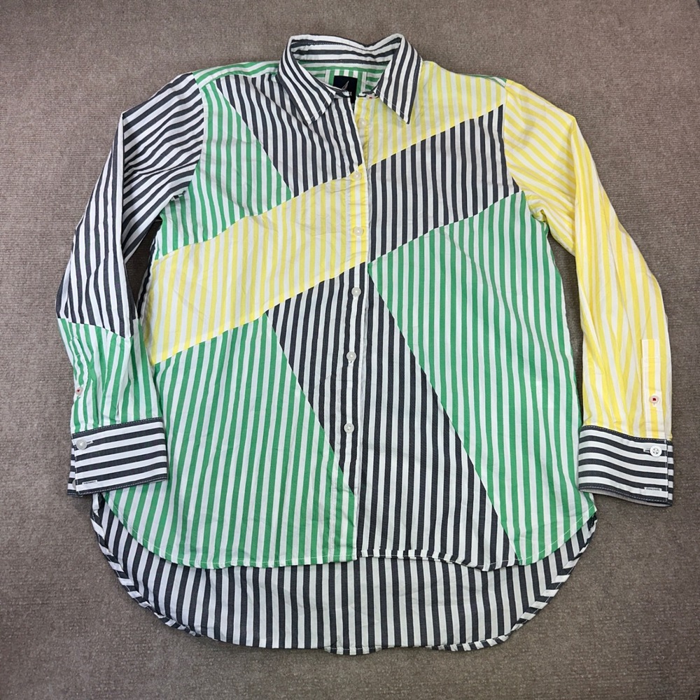 NauticaJeans 90'sStriped Colorblock Button Down Shirt Green Yellow Navy Womens S